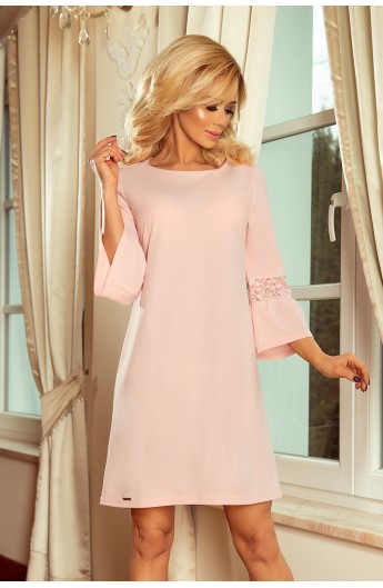 Rochie Roz pastel, Scurta Trapezoidala cu Maneci Usor Evazate