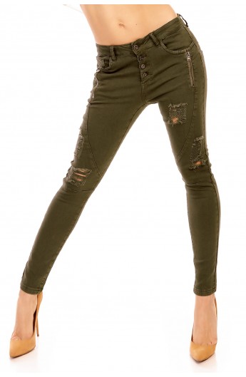 Jeansi kaki skinny cu Taieturi si Fermoare Decorative